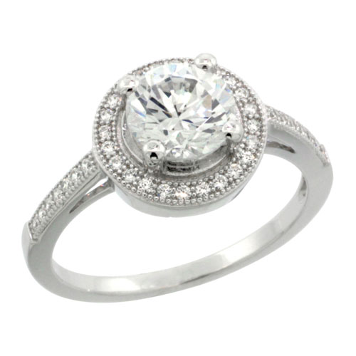 STERLING SILVER CUBIC ZIRCONIA MICRO PAVE ROUND CROWN SHAPE CENTER STONE RING, SIZES 6 TO 9