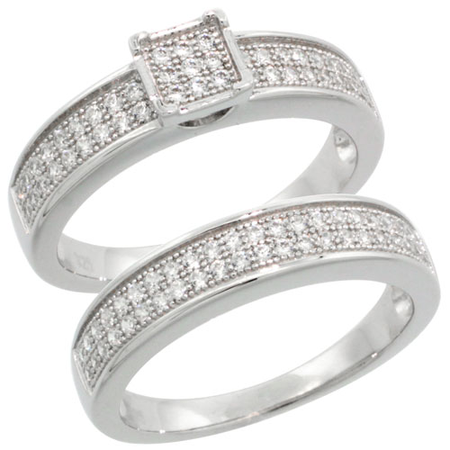 Sterling Silver Cubic Zirconia Micro Pave Bridal &amp; Engagement Set Ring Matching Band In White Stones, Sizes 6 to 9