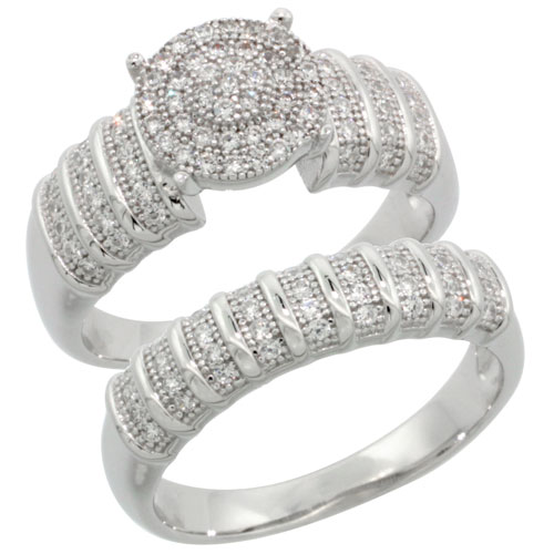 Sterling Silver Cubic Zirconia Micro Pave Bridal & Engagement Set Ring Matching Band In White Stones, Sizes 6 to 9