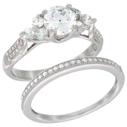LADIES STERLING SILVER ROUND STONE 2-PIECE ENGAGEMENT MICRO PAVE CZ RING SET 1/4 INCH WIDE, SIZES 6 - 9