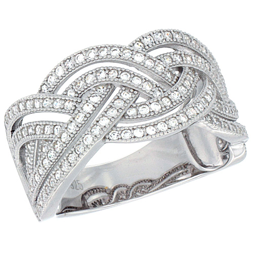 LADIES STERLING SILVER WIDE WRAP STYLE MICRO PAVE CZ RING 7/16 INCH WIDE, SIZES 6 - 9