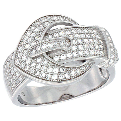 LADIES STERLING SILVER BELT BUCKLE MICRO PAVE CZ RING 9/16 INCH WIDE, SIZES 6 - 9