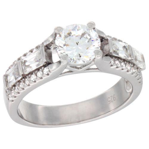 LADIES STERLING SILVER ROUND STONE MICRO PAVE CZ RING EMERALD CUT STONES 1/4 INCH WIDE, SIZES 6 - 9