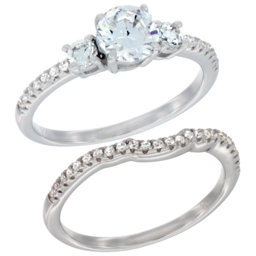 LADIES STERLING SILVER ROUND STONE 2-PIECE ENGAGEMENT MICRO PAVE CZ RING SET 1/4 INCH WIDE, SIZES 6 - 9