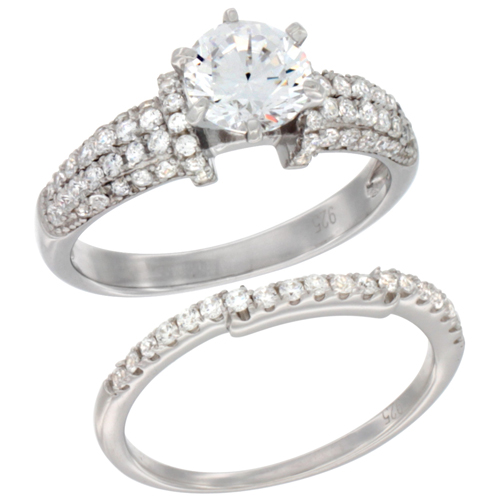 LADIES STERLING SILVER ROUND CENTER 2-PIECE ENGAGEMENT MICRO PAVE CZ RING SET 9/32 INCH WIDE, SIZES 6 - 9