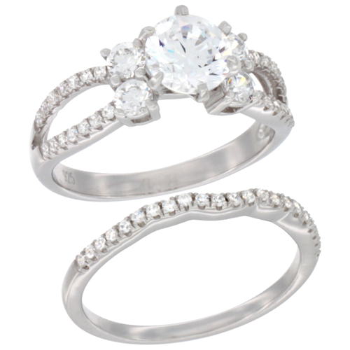 LADIES STERLING SILVER ROUND CENTER 2-PIECE ENGAGEMENT MICRO PAVE CZ RING SET 9/32 INCH WIDE, SIZES 6 - 9
