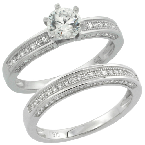 LADIES STERLING SILVER ROUND STONE 2-PIECE ENGAGEMENT MICRO PAVE CZ RING SET 1/4 INCH WIDE, SIZES 6 - 9