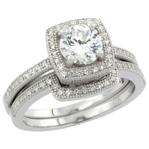 LADIES STERLING SILVER ROUND STONE 6MM 2-PIECE ENGAGEMENT MICRO PAVE CZ RING SET 7/16 INCH WIDE, SIZES 6 - 9