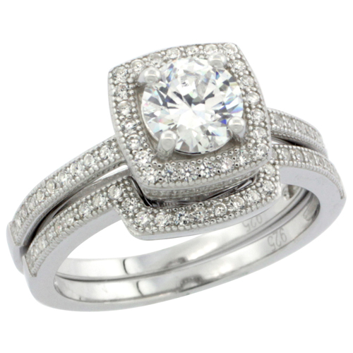 Ladies Sterling Silver Round Stone 6mm 2-Piece Engagement Micro Pave CZ Ring Set 7/16 inch wide, sizes 6 - 9