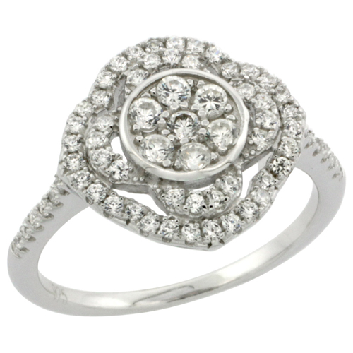 LADIES STERLING SILVER FLORAL MICRO PAVE CZ RING 9/16 INCH WIDE, SIZES 6 - 9