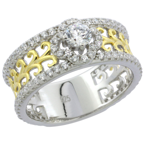 LADIES STERLING SILVER ROUND STONE 4MM MICRO PAVE CZ RING YELLOW GOLD ACCENTS 5/16 INCH WIDE, SIZES 6 - 9
