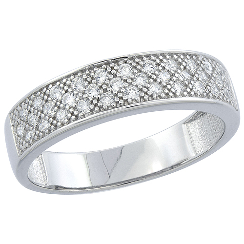 STERLING SILVER MICRO PAVE CZ FLAT WEDDING BAND, 3/16 INCH WIDE, SIZES 6 - 9