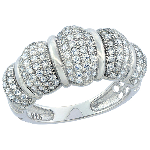 STERLING SILVER MICRO PAVE CZ CONVEX RIBBED RING, 3/8 INCH WIDE, SIZES 6 - 9