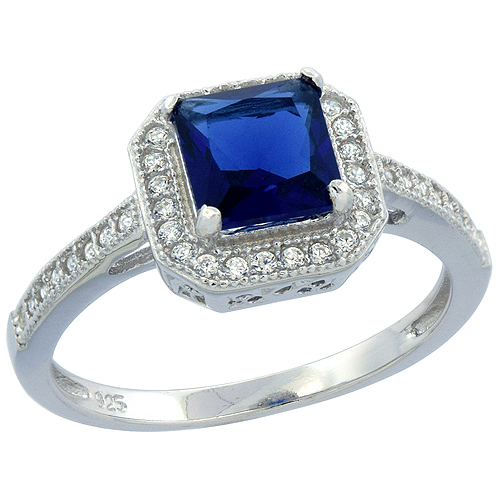 STERLING SILVER PRINCESS CUT BLUE SAPPHIRE RING CZ ACCENTS RHODIUM FINISH, 3/8 INCH WIDE, SIZES 6 - 9