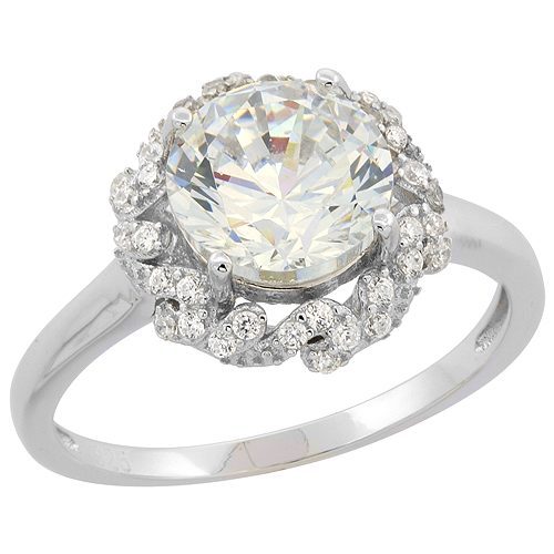 STERLING SILVER ROUND CZ ENGAGEMENT FLORAL RING RHODIUM FINISH, 15/32 INCH WIDE, SIZES 6 - 9