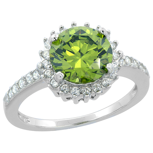 Sterling Silver Round Peridot Ring Sunburst CZ Rhodium Finish, 1/2 inch wide, sizes 6 - 9