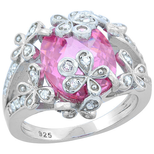 STERLING SILVER OVAL PINK TOPAZ RING WITH FLOWERS CZ ACCENTS RHODIUM FINISH, 5/8 INCH WIDE, SIZES 6 - 9