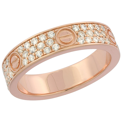 STERLING SILVER SCREW DESIGN WEDDING BAND RING MICRO PAVE CZ ACCENTS ROSE GOLD FINISH, 3/16 INCH WIDE, SIZES 6 - 9