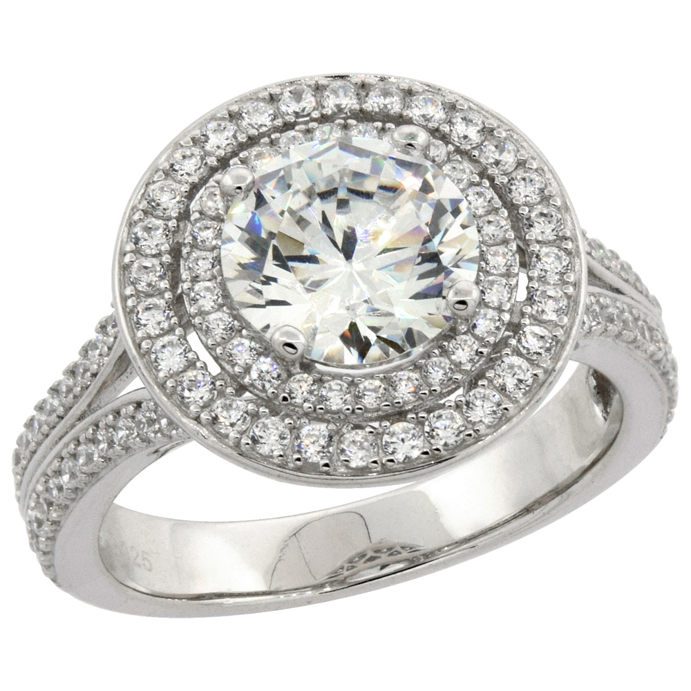 STERLING SILVER MICRO PAVE CUBIC ZIRCONIA 8MM RING DOUBLE HALO, SIZES 6 - 10