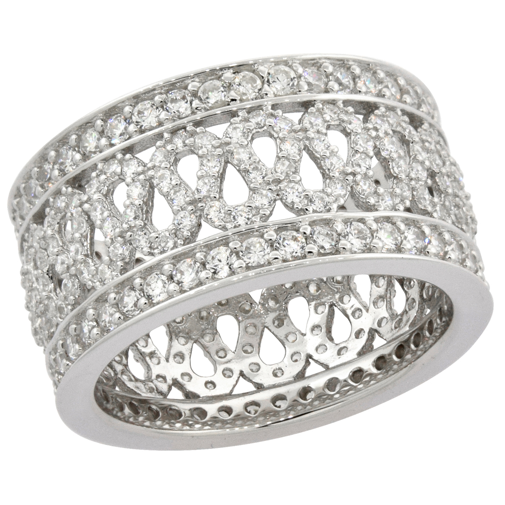 STERLING SILVER MICRO PAVE CUBIC ZIRCONIA CURLICUE WEDDING BAND 7/16 INCH WIDE, SIZES 6 - 9