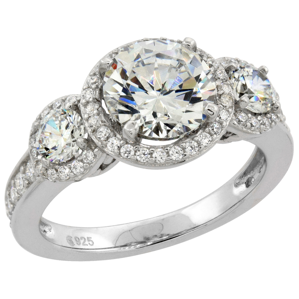 STERLING SILVER MICRO PAVE CUBIC ZIRCONIA 3-STONE HALO 2CT (8MM) RING, SIZES 6 - 10