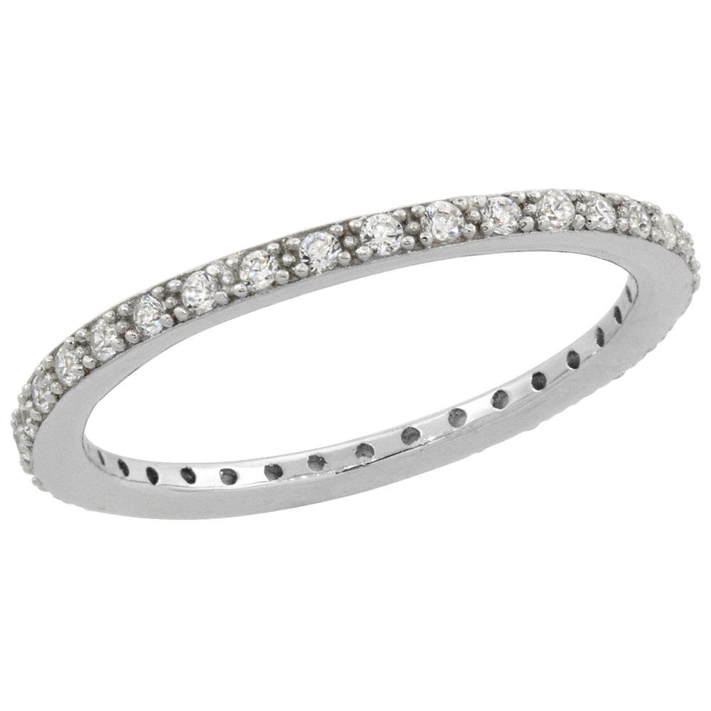 STERLING SILVER MICRO PAVE CUBIC ZIRCONIA STACKABLE ETERNITY WEDDING BAND 1/16 INCH WIDE, SIZES 6 - 9