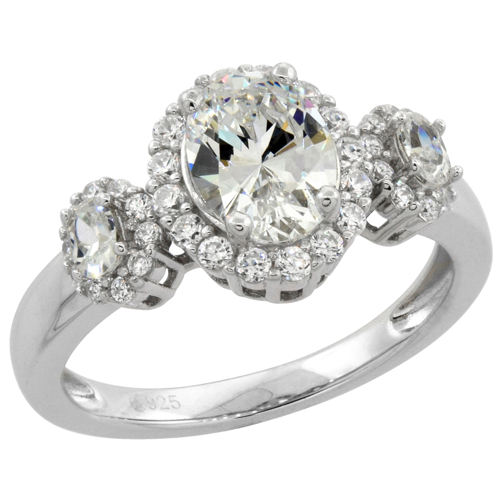 STERLING SILVER MICRO PAVE CUBIC ZIRCONIA 3-STONE RING OVAL 8X6MM, SIZES 6 - 10