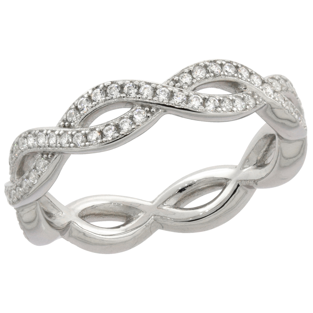 STERLING SILVER MICRO PAVE CUBIC ZIRCONIA INFINITY DESIGN WEDDING BAND 3/16 INCH WIDE, SIZES 6 - 9