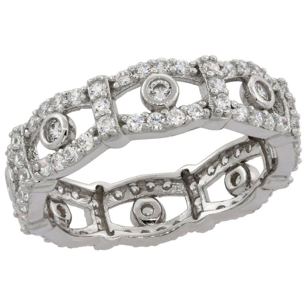 STERLING SILVER MICRO PAVE CUBIC ZIRCONIA BAND OPEN SCALLOP 3/16 INCH WIDE, SIZES 6 - 9