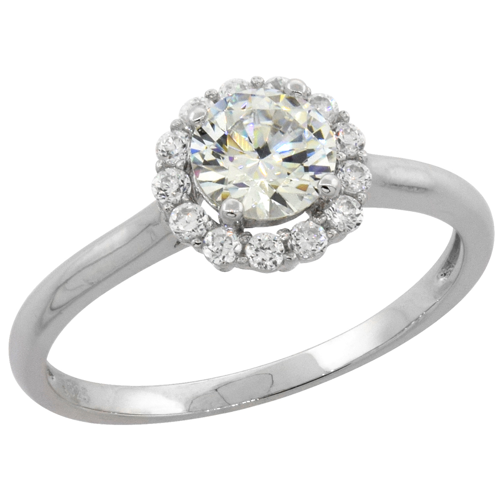 STERLING SILVER MICRO PAVE CUBIC ZIRCONIA 0.50CT (5MM) SOLITAIRE HALO RING, SIZES 6 - 10