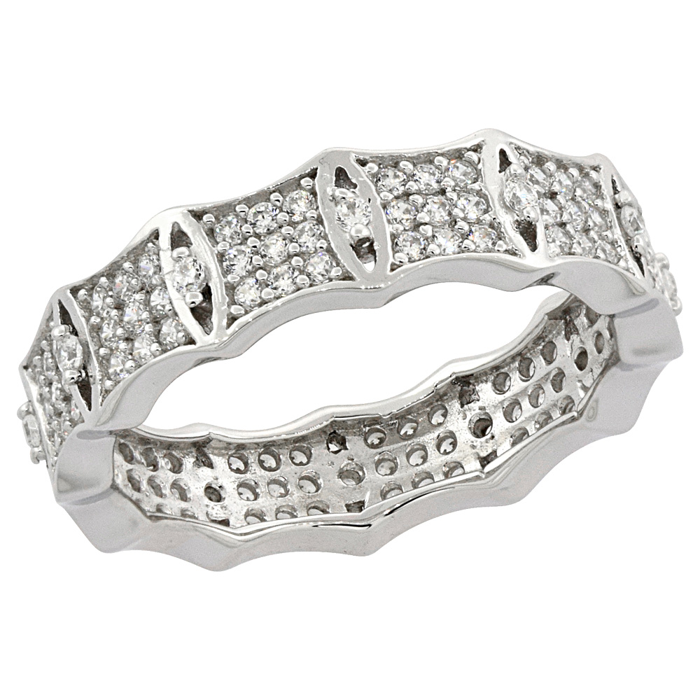 STERLING SILVER MICRO PAVE CUBIC ZIRCONIA WAVY RING 3/16 INCH WIDE, SIZES 6 - 9