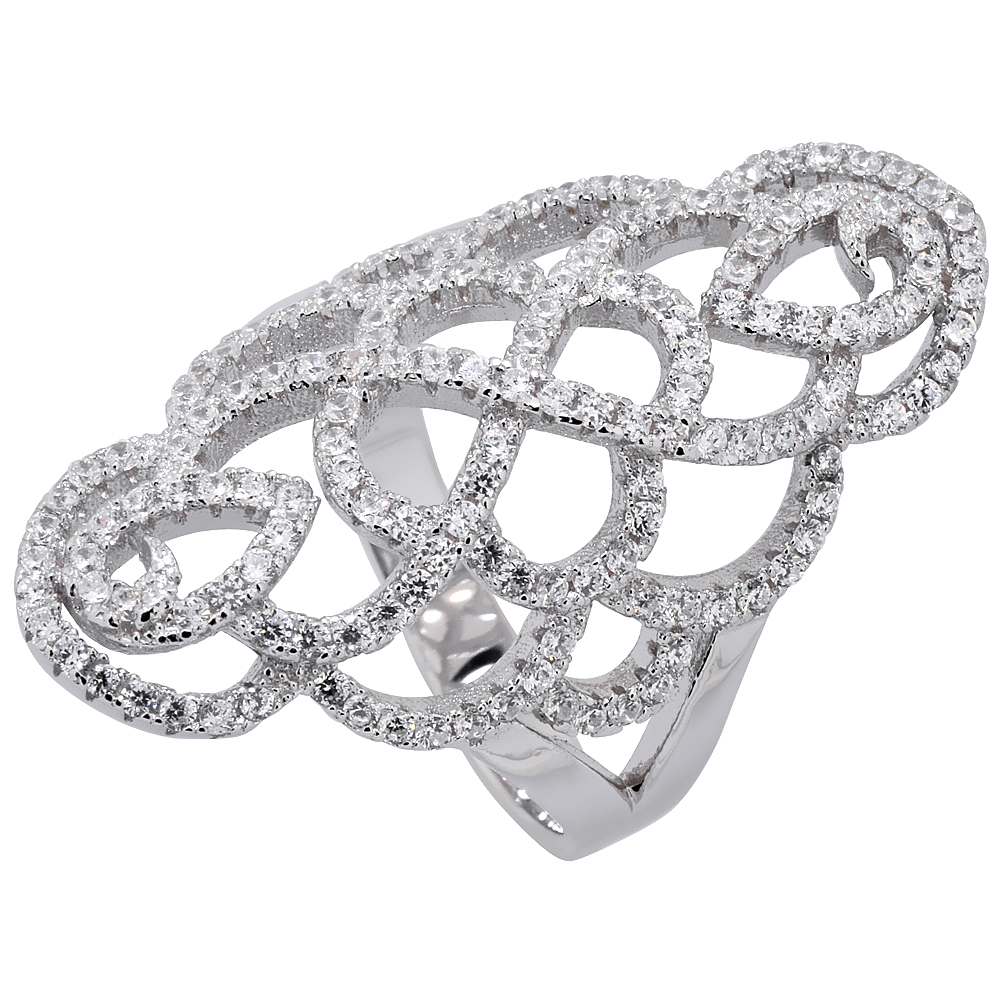 STERLING SILVER CUBIC ZIRCONIA LONG RING MICRO PAVE TEARDROPS 1 1/4 INCH LONG, SIZES 6 - 9