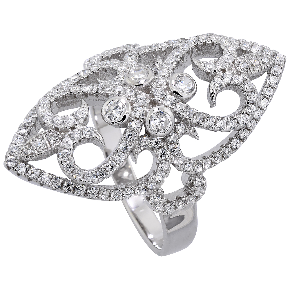 STERLING SILVER CUBIC ZIRCONIA LONG RING MICRO PAVE HEARTS 1 1/4 INCH LONG, SIZES 6 - 9