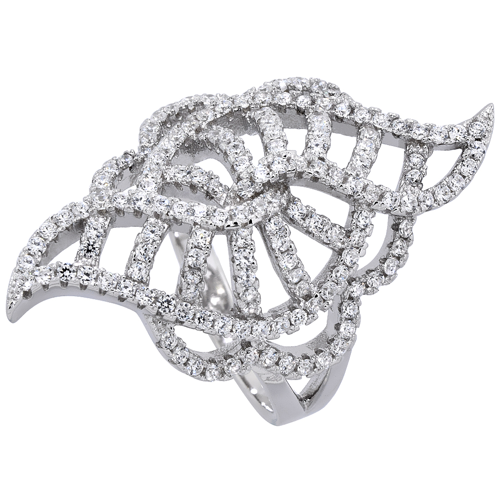 STERLING SILVER CUBIC ZIRCONIA LONG RING MICRO PAVE PAISLEYS 1 1/4 INCH LONG, SIZES 6 - 9