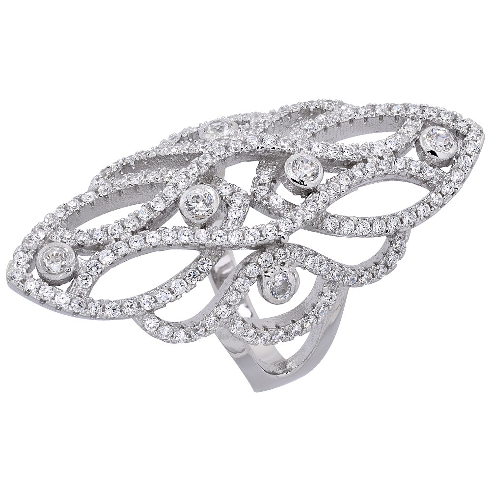 STERLING SILVER CUBIC ZIRCONIA LONG RING MICRO PAVE WAVES 1 1/2 INCH LONG, SIZES 6 - 9