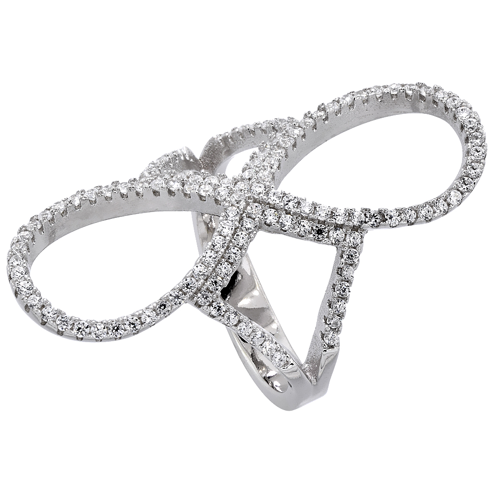 STERLING SILVER CUBIC ZIRCONIA LONG RING MICRO PAVE INFINITY 1 3/8 INCH LONG, SIZES 6 - 9