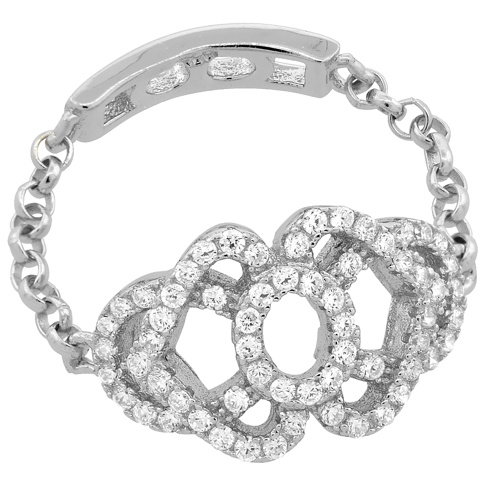 STERLING SILVER CUBIC ZIRCONIA CHAIN RING MICRO PAVE HEARTS 1/2 INCH LONG, SIZES 6 - 9