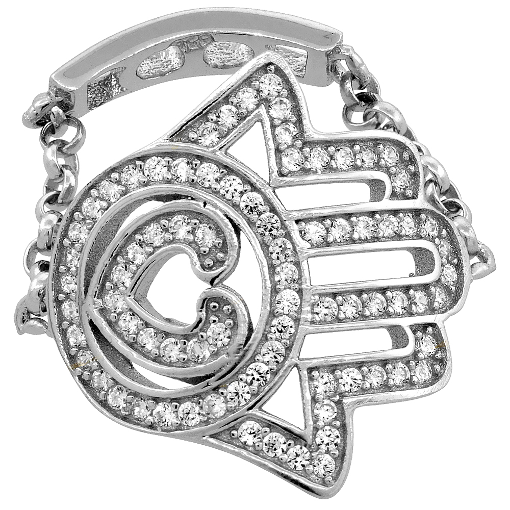 STERLING SILVER CUBIC ZIRCONIA HAMSA RING MICRO PAVE CHAIN SHANK 3/4 INCH LONG, SIZES 6 - 9