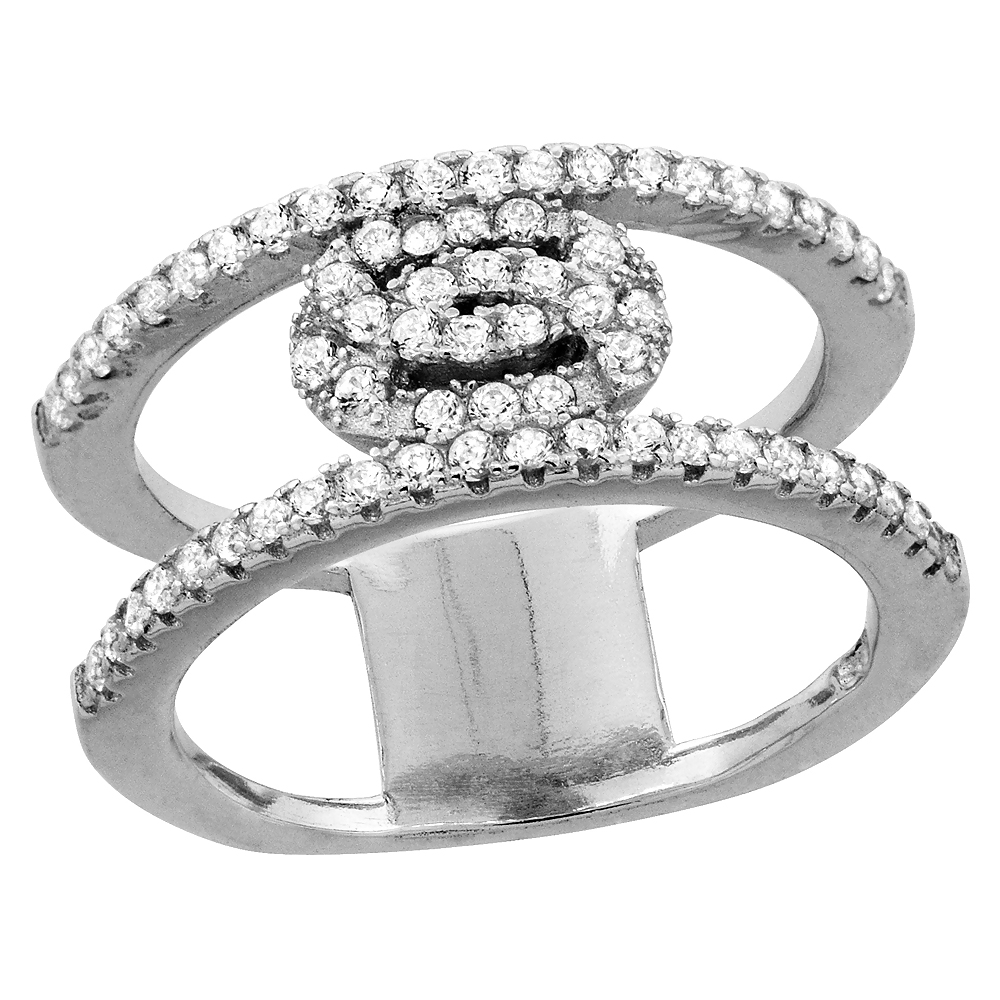 STERLING SILVER CUBIC ZIRCONIA INTERLACED CIRCLES RING MICRO PAVE 3/8 INCH LONG, SIZES 6 - 9
