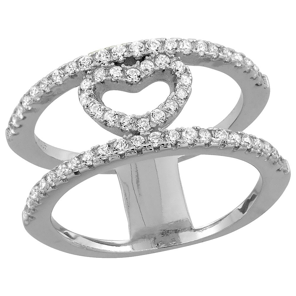 STERLING SILVER CUBIC ZIRCONIA HEART RING MICRO PAVE 3/8 INCH LONG, SIZES 6 - 9