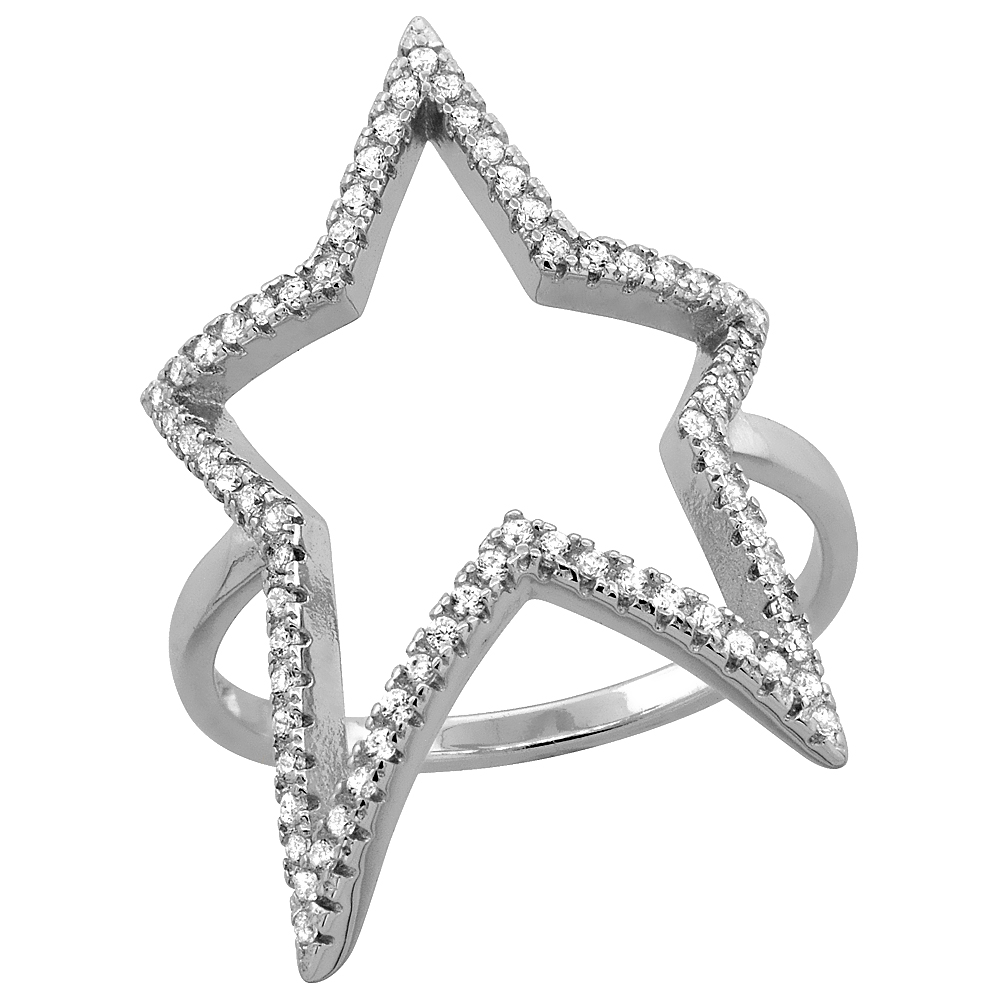 STERLING SILVER CUBIC ZIRCONIA STAR RING MICRO PAVE 1 INCH LONG, SIZES 6 - 9