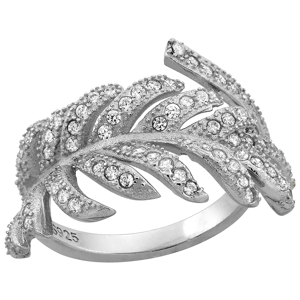 STERLING SILVER CUBIC ZIRCONIA FEATHER RING MICRO PAVE 1 INCH LONG, SIZES 6 - 9