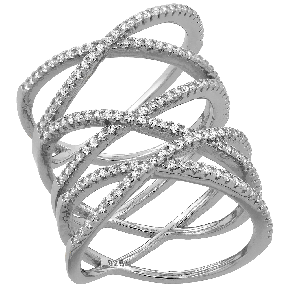 STERLING SILVER CUBIC ZIRCONIA CRISSCROSS RING MICRO PAVE 1 INCH LONG, SIZES 6 - 9