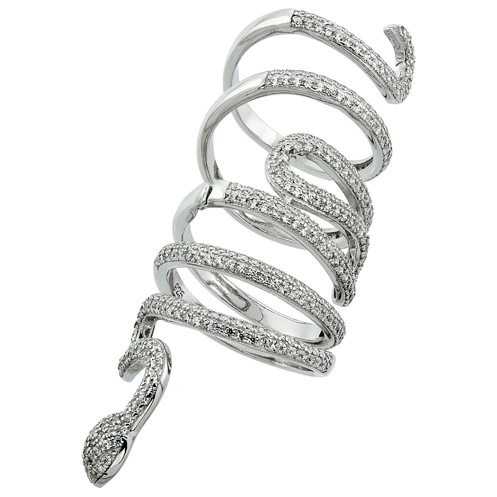 STERLING SILVER CUBIC ZIRCONIA WINDING SERPENT WRAP RING MICRO PAVE 2 3/16 INCH LONG, SIZES 6 - 9