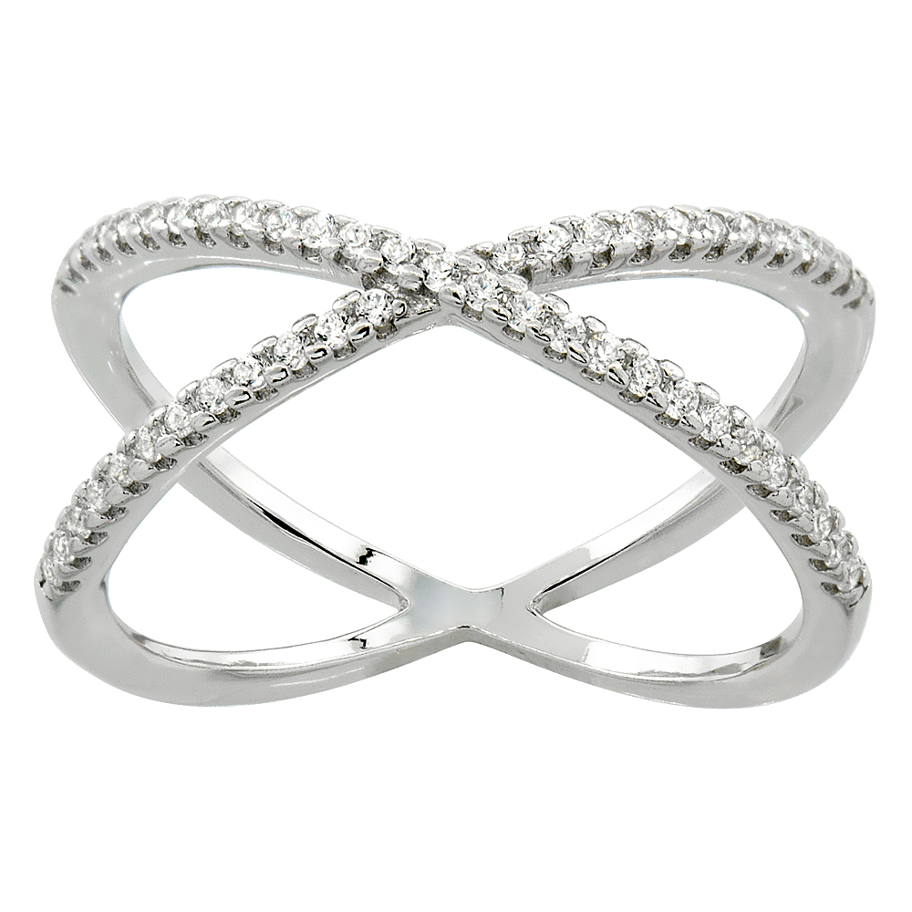 STERLING SILVER CUBIC ZIRCONIA CRISS CROSS RING MICRO PAVE 3/8 INCH WIDE, SIZES 6 - 9