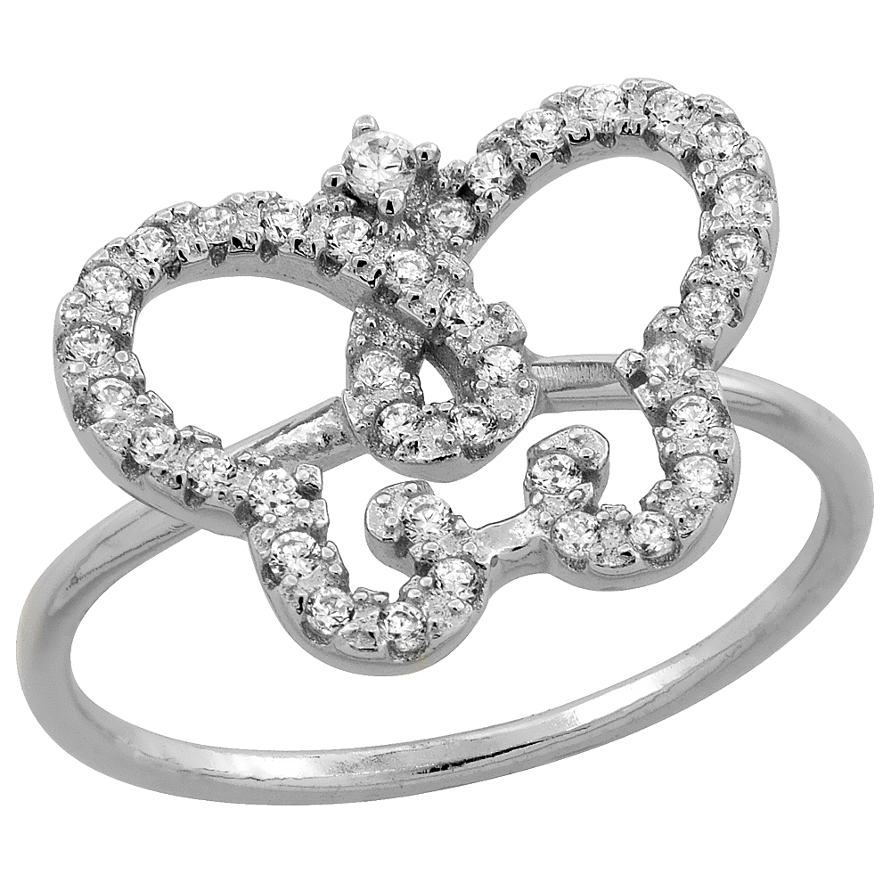 STERLING SILVER CUBIC ZIRCONIA DAINTY BUTTERFLY RING MICRO PAVE 1/2 INCH LONG, SIZES 5 - 9