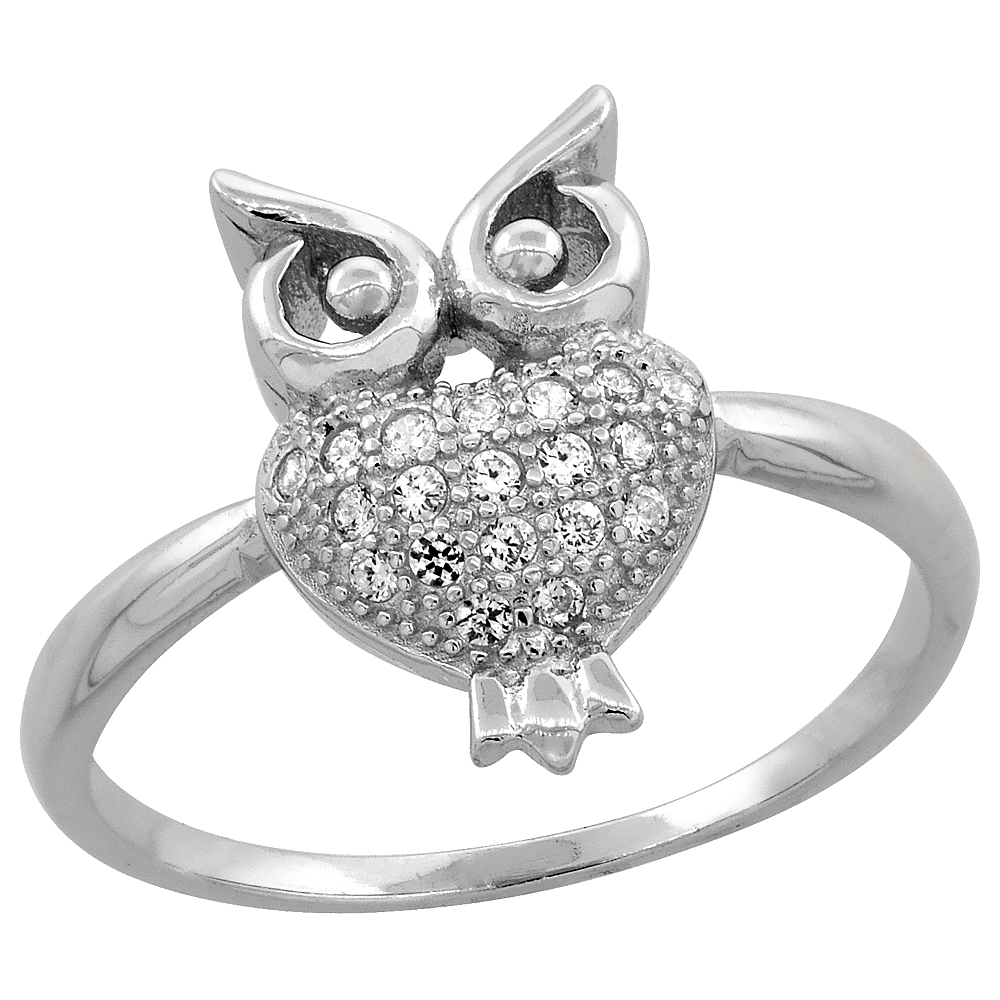 STERLING SILVER CUBIC ZIRCONIA DAINTY OWL RING MICRO PAVE 1/2 INCH LONG, SIZES 5 - 9