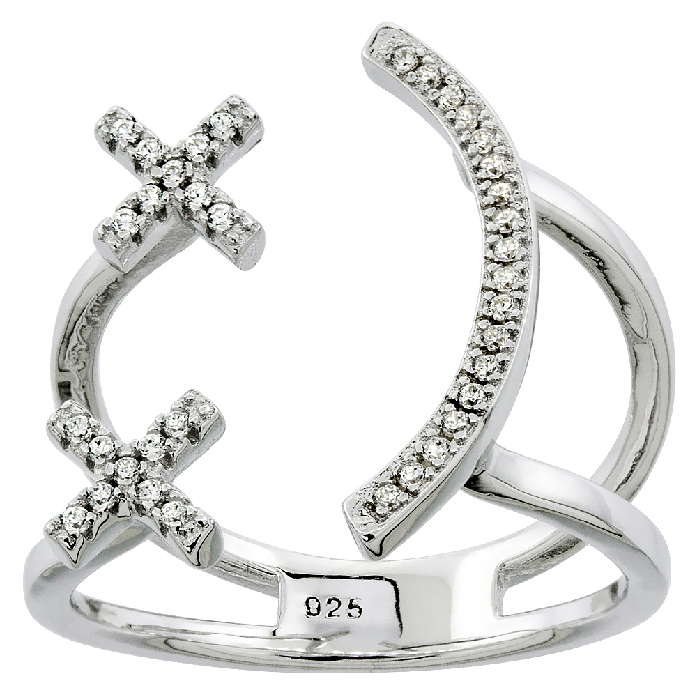 STERLING SILVER CUBIC ZIRCONIA STARSTRUCK SMILEY RING MICRO PAVE 3/4 INCH WIDE, SIZES 6 - 9