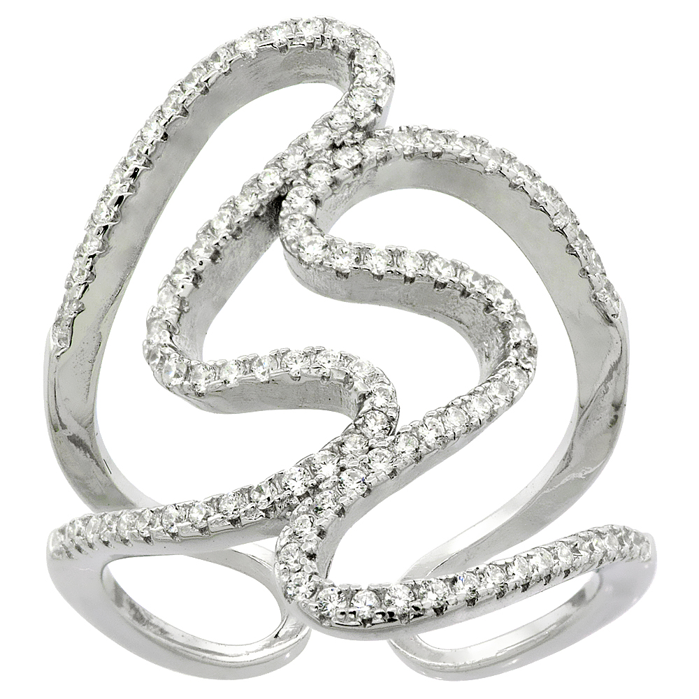STERLING SILVER CUBIC ZIRCONIA DOUBLE SQUIGGLY OPEN RING MICRO PAVE 1 INCH WIDE, SIZES 6 - 9
