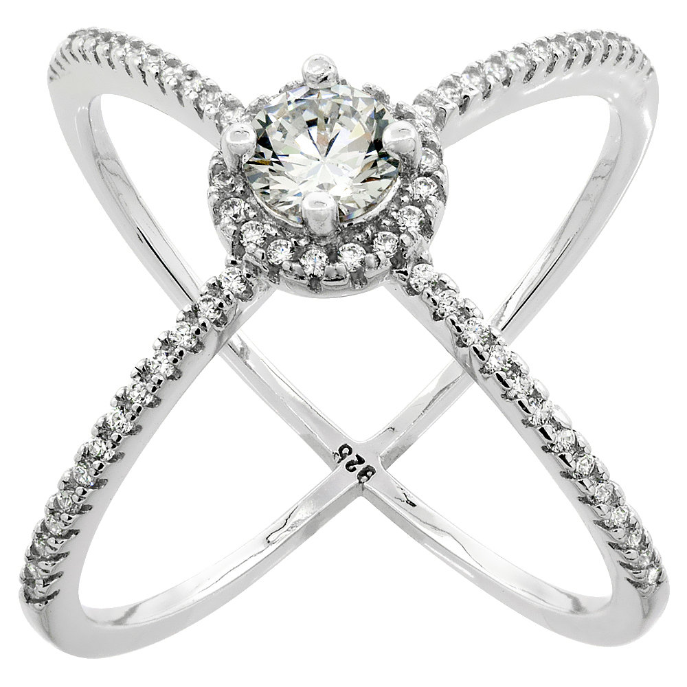 STERLING SILVER CUBIC ZIRCONIA CRISS CROSS RING MICRO PAVE 3/4 INCH WIDE, SIZES 6 - 9